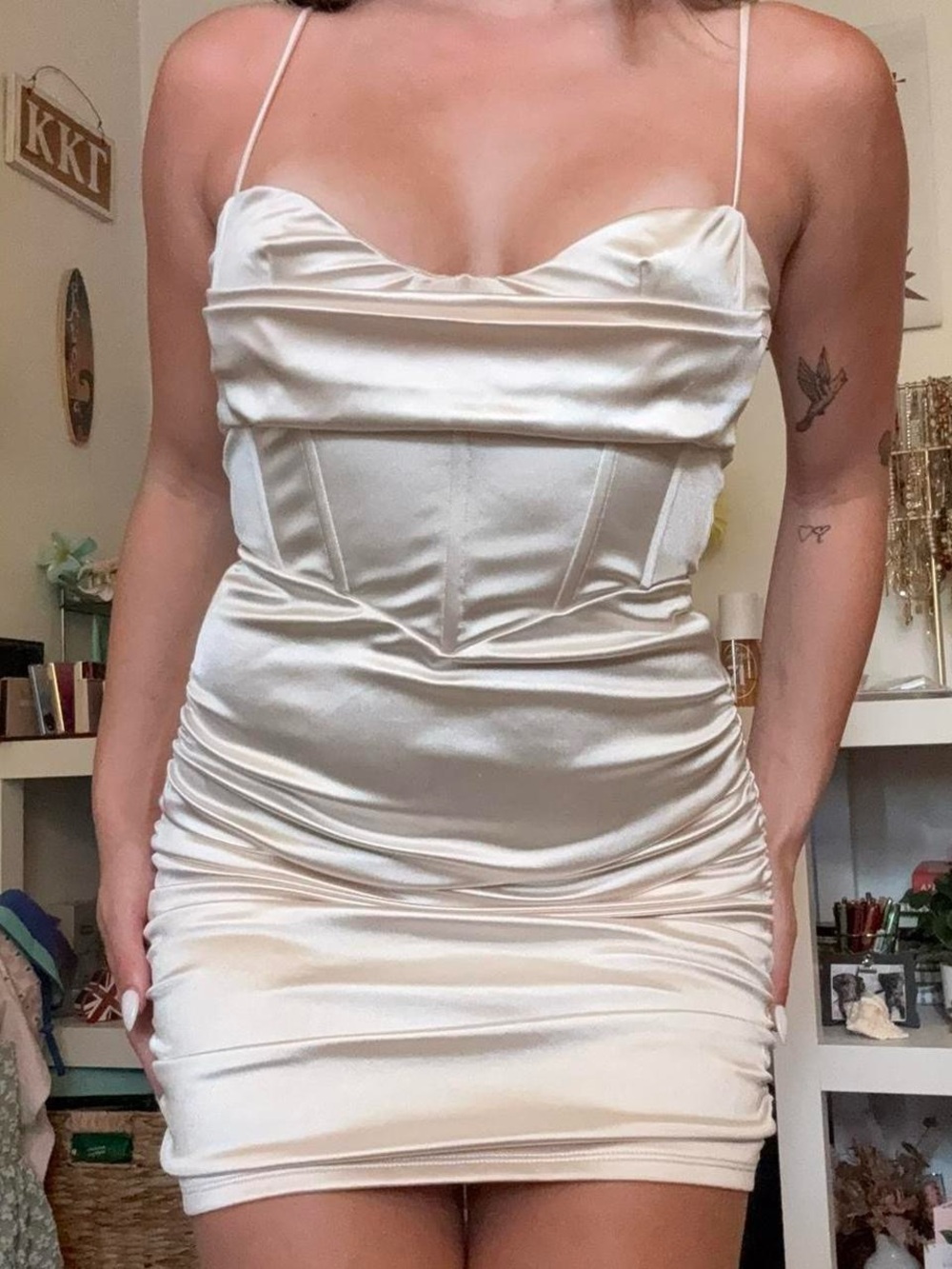 champagne corseted satin mini dress 🥂